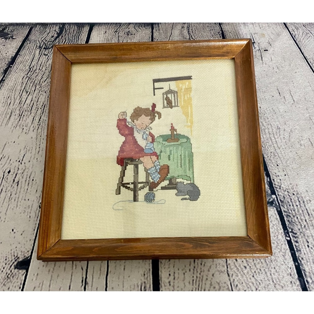 Vintage Hummel Framed Cross Stitch Girl Knitting With Cat Wood Frame‎ 8x6